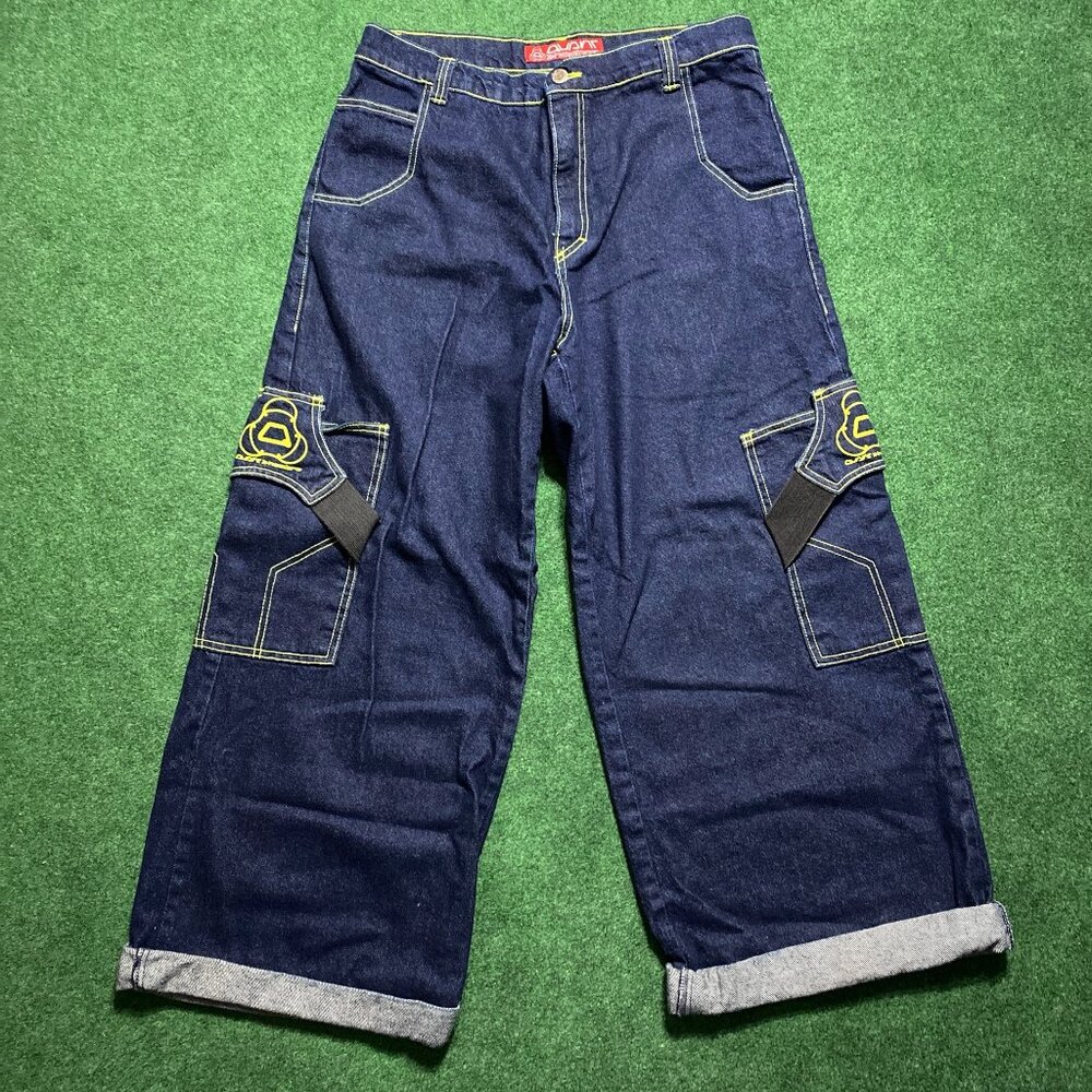 Vintage Y2K Men’s Quant Hombre Wide-Leg Cargo Jeans Dark-Wash 32 Rave Skate